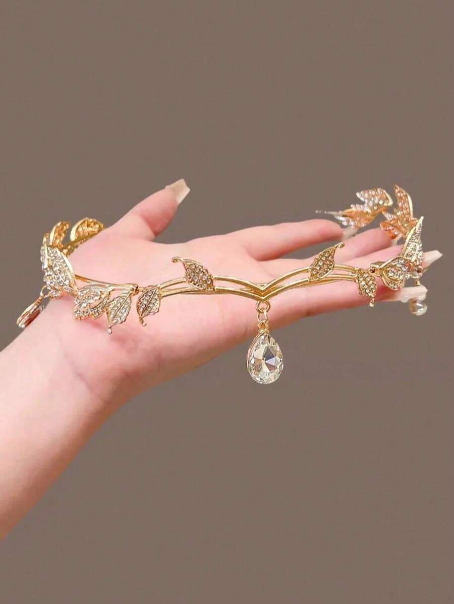 Băng đô vương miện lá pha lê đính đầy kim cương, trang sức công chúa cổ điển, phù hợp cho đám cưới cô dâu - Nhiều màu - Xem 1