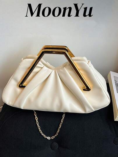 Women's Handbag With Pleated Cloud Design, Elegant Lady's Refined Luxury Metal Chain Decoration, Suitable For Shopping, Dating, Party, White