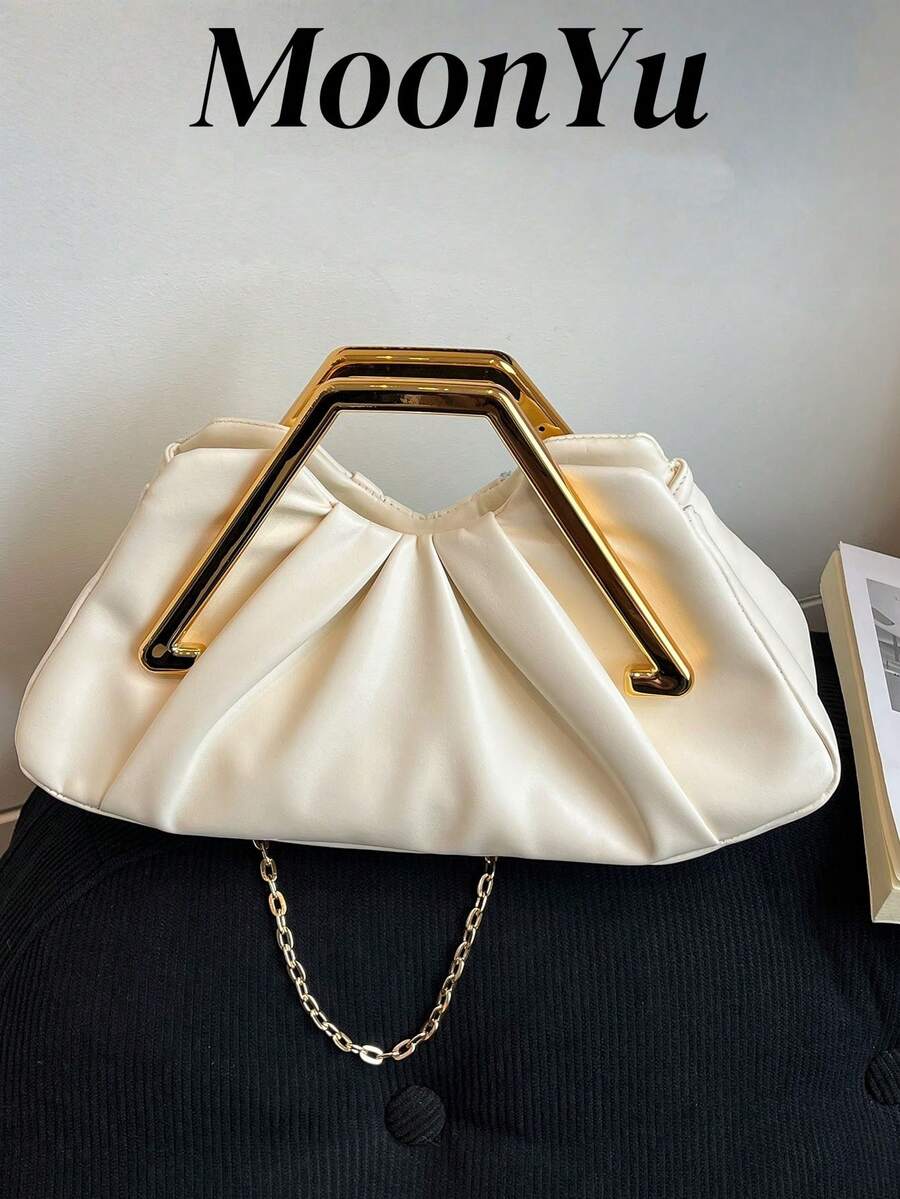 Women's Handbag With Pleated Cloud Design, Elegant Lady's Refined Luxury Metal Chain Decoration, Suitable For Shopping, Dating, Party, White - White - View 1