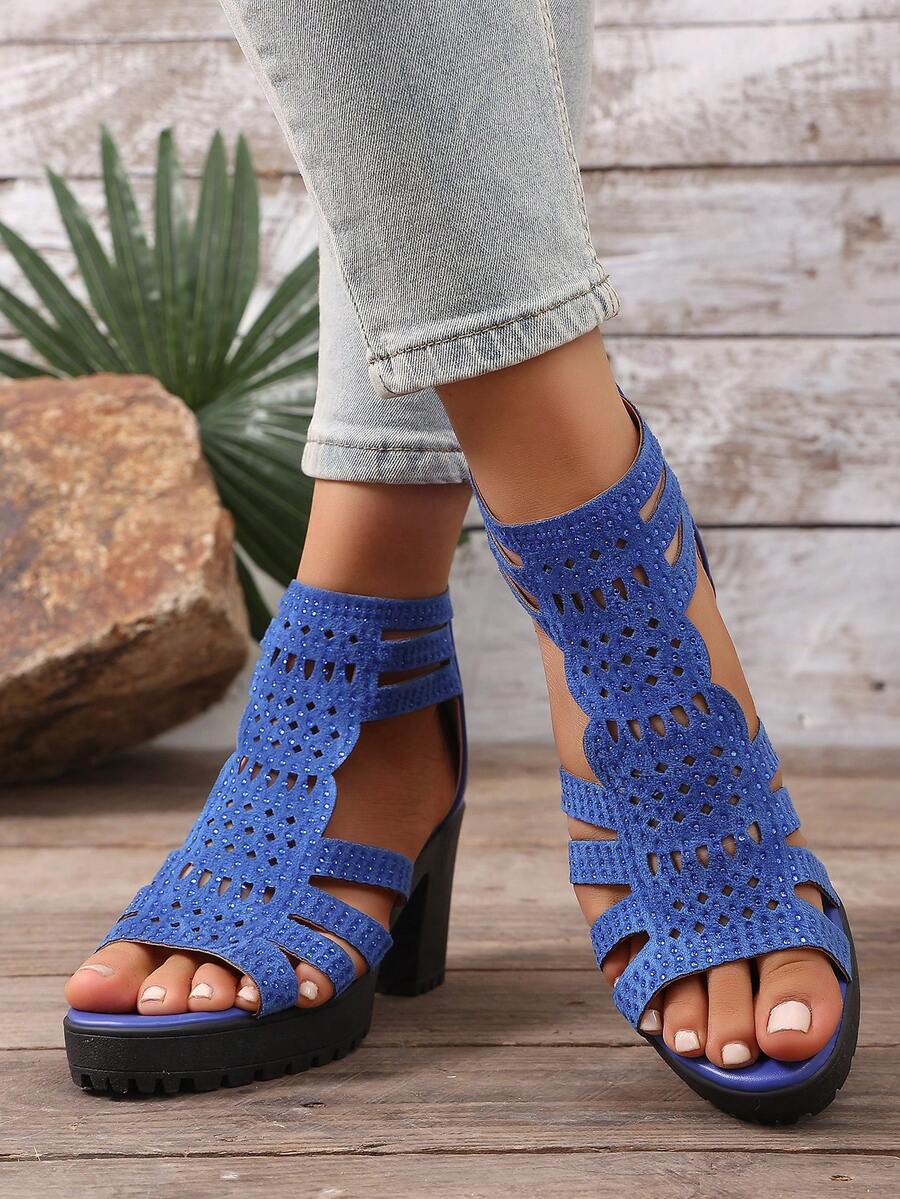 Women's Hollow Out Chunky Heel Roman Sandals, Open Toe High-Top Waterproof Platform Fashion Sandals - Blue - View 1