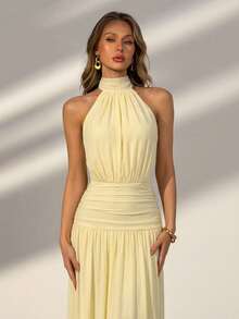Faeriesty 优雅迷人的黄色褶皱腰身露背连衣裙，适合浪漫约会、婚礼、海滩度假、郊游、夏季派对、毕业季等场合。 - 黃色 - 查看 4