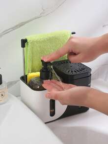 四合一厨房皂液器套装，包含液体皂液器、带海绵架的洗洁精泡沫器、厨房收纳架，以及水槽和台面清洁用品。 - A - 查看 4