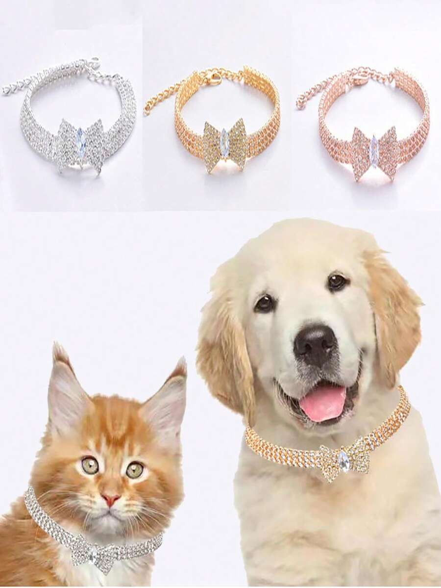 1 pieza Collar de color champán con cristales completos, Elegante gargantilla con cristales en forma de lazo, gato, perro y conejo, Chapado, no se desvanece, Adecuado para usar en todas las estaciones - Champán - Ver 1