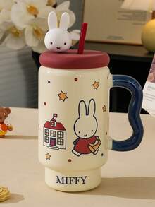 Taza de café de cerámica con tapa y pajita de Miffy de gran capacidad con licencia oficial - Adorable taza decorativa con forma de conejo de anime japonés 3D - Recipiente perfecto para bebidas calientes/frías en el hogar/oficina - Regalo ideal de cumpleaños/festividad para adolescentes, adultos y fans del anime - Multicolor - Ver 16