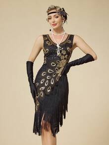 1920s Retro Peacock Feather Tassel Sequin Mini Dress, Party Outfit Wedding - Gold - View 2