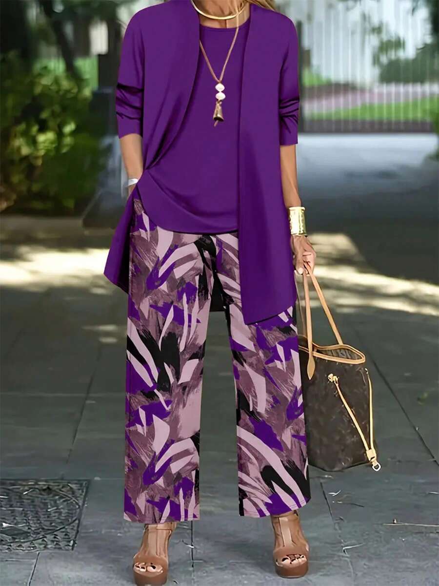 3pcs Women's Fashionable Printed Commuting Outfit Set Vacation Spring Elegant Summer - Purple - View 1