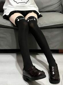 1 Pair Printed Thigh High Stockings, Women's Black Tights, Thin Cartoon Over-The-Knee Socks For Spring/Autumn - Black - View 5
