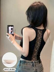 Sexy Contrast Lace Backless Camisole Top, Slim Fit Revealing Back Design, Summer New Arrival - Black - View 3