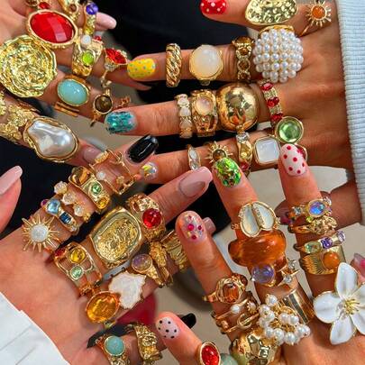 6/11/18/22/24/30 Pcs Women's Ring Set, Vintage Multicolor Faux Gemstone Ring Set, Luxury Versatile Jewelry Accessories