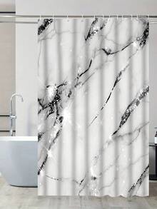 Marble Pattern Shower Curtain Set With 12 Hooks, Water-Resistant Polyester Knit Fabric, Wipe Clean, Includes U-Shaped Toilet Mat, Lid Cover, And Rug - Modern Bathroom Decor - A - View 21