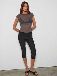 Women's Sheer Lace Tops Cap Sleeve Scoop Neck Solid Color T-Shirts Blouses - 灰色 - 查看 5