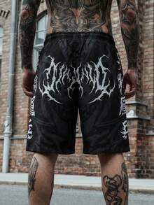 FRACTYR Men's Summer Casual Street Fashion Gradient Dark Metal Font Graphic Loose Breathable Printed Shorts - Black - View 6