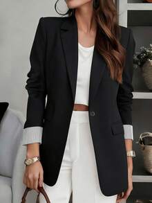 Áo blazer nữ dài tay cổ chữ V màu trơn, cổ tay áo kẻ sọc tương phản, thiết kế cài nút phía trước, túi tiện dụng, phong cách công sở thường ngày, phù hợp cho văn phòng, nhà ở, mặc hàng ngày, là item thiết yếu cho mọi mùa. - màu đen - Xem 3