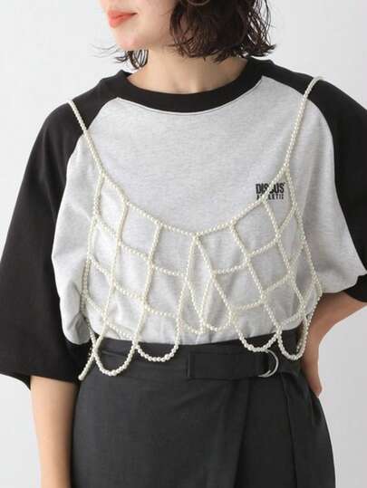 1 Adet Sevimli Kız Çocuk Tarzı İnci Detaylı Askılı Bluz Japon Tarzı Tatlı Görünümlü Zincirli Kadın Bluzu - Çok Yönlü Kıyafet Minimalist Kadın Kısa İnci Korse