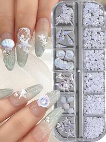 1盒极光海洋主题美甲饰品，3D立体海星、贝壳、椰子树、美人鱼尾巴等海洋图案，混合尺寸珍珠，夏季Y2K风格，可爱迷人，美甲装饰，美甲沙龙用品，DIY美甲 - 彩色 - 查看 3