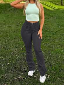 Pantalon évasé gris foncé style Y2K pour femmes, couleur unie taille haute à design ajusté élastique, élégant style décontracté de rue, convient pour le printemps/été, les vacances, le style boho - Gris - Voir 8