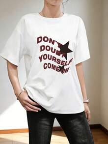 女士圆领短袖T恤，夏季新款五角星图案字母印花，时尚休闲百搭宽松上衣 - 白色 - 查看 2