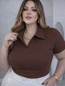 T-Shirt, Polo Shirt, Ribbed Cotton Shirt, Comfortable, Elegant, Everyday Casual, Plus Size. - 鏽棕色 - 查看 1