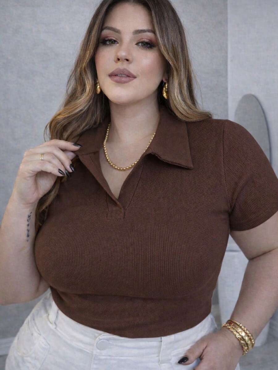 T-Shirt, Polo Shirt, Ribbed Cotton Shirt, Comfortable, Elegant, Everyday Casual, Plus Size. - 鏽棕色 - 查看 1