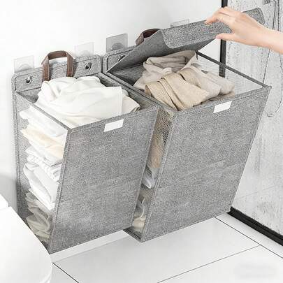 1 Piece Wall-Mounted Dirty Laundry Basket, Foldable Household Laundry Basket. Wall-Mounted Design With No-Drill Installation, Perfect For Storing Clothes, Toys And Snacks On The Balcony Or In The Laundry Room. Minimalist Style With Foldable Handle. Suitable For Home, Bedroom, Dormitory, Bathroom
