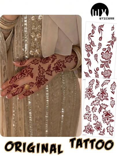2pcs Brown, Red, Burgundy Sexy Floral Toe & Hand Temporary Tattoo Stickers, Waterproof Flower Tattoo Stickers For Women, Body Art Stickers For Wedding Party