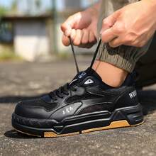 Chaussures de sécurité pour hommes et femmes, chaussures de travail extérieures à embout en acier, chaussures de sport basses printemps/été, chaussures de sécurité anti-écrasement et anti-perforation, respirantes et confortables, noires et blanches, pour la protection des travailleurs de la construction industrielle en extérieur. - Noir - Voir 6