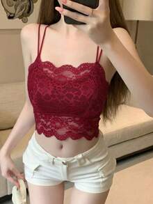 Rikumo New Spring/Summer Back-To-School Cute & Sexy Pure Lace Camisole With Padded Bra, Solid Color Women's Underwear Top Casual Red - Red - View 7