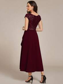 Elegant V-Neck Sequin Asymmetric Hem Midi Formal Evening Dress, Suitable For Wedding Guests Or Formal Events - Burgundy - View 5