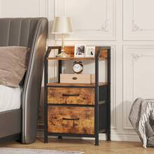 Compact 2-Drawer Fabric Bedside Table With Open Shelf | Metal Frame & Wooden Top, Space-Saving Nightstand For Bedroom/Living Room, Modern Sofa End Table With Storage - Rust Brown - View 8