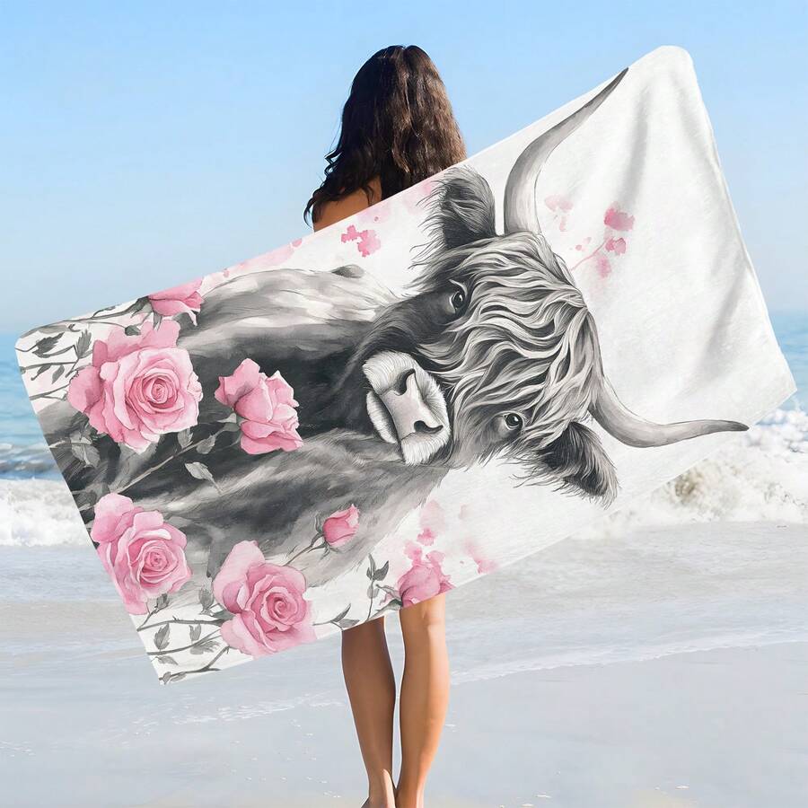1pc Floral & Cow Print Beach Towel, Soft Comfortable Lightweight Beach Blanket, Suitable For Travel, Swimming, Diving, Surfing, Yoga, Camping, Beach Accessories - SSTJ11667 - View 1