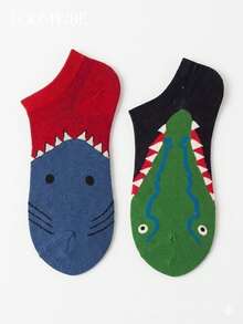 2 perechi de șosete unisex până la gleznă - 1 pereche cu model de rechin roșu și albastru, 1 pereche cu model de crocodil negru și verde, design grafic interesant cu animale, potrivite pentru purtare zilnică, pentru a adăuga o atmosferă plină de viață și distractivă ținutei tale. - Multicolor - Vizualizare 6