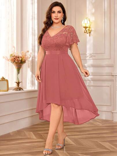 V-Neck Butterfly Sleeve Floral Lace Patchwork Chiffon High-Low Hem Formal Swing Dress, Suitable For Homecoming, Wedding Guest, Birthday, Graduation, Cocktail Party Spring