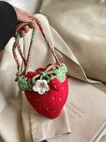 1 Pcs New Fashion Cute Strawberry Yarn Hook Woven Bag Handmade Niche Women'S Shoulder Bag Handbag - Màu đỏ (sản phẩm hoàn thiện) - Xem 1