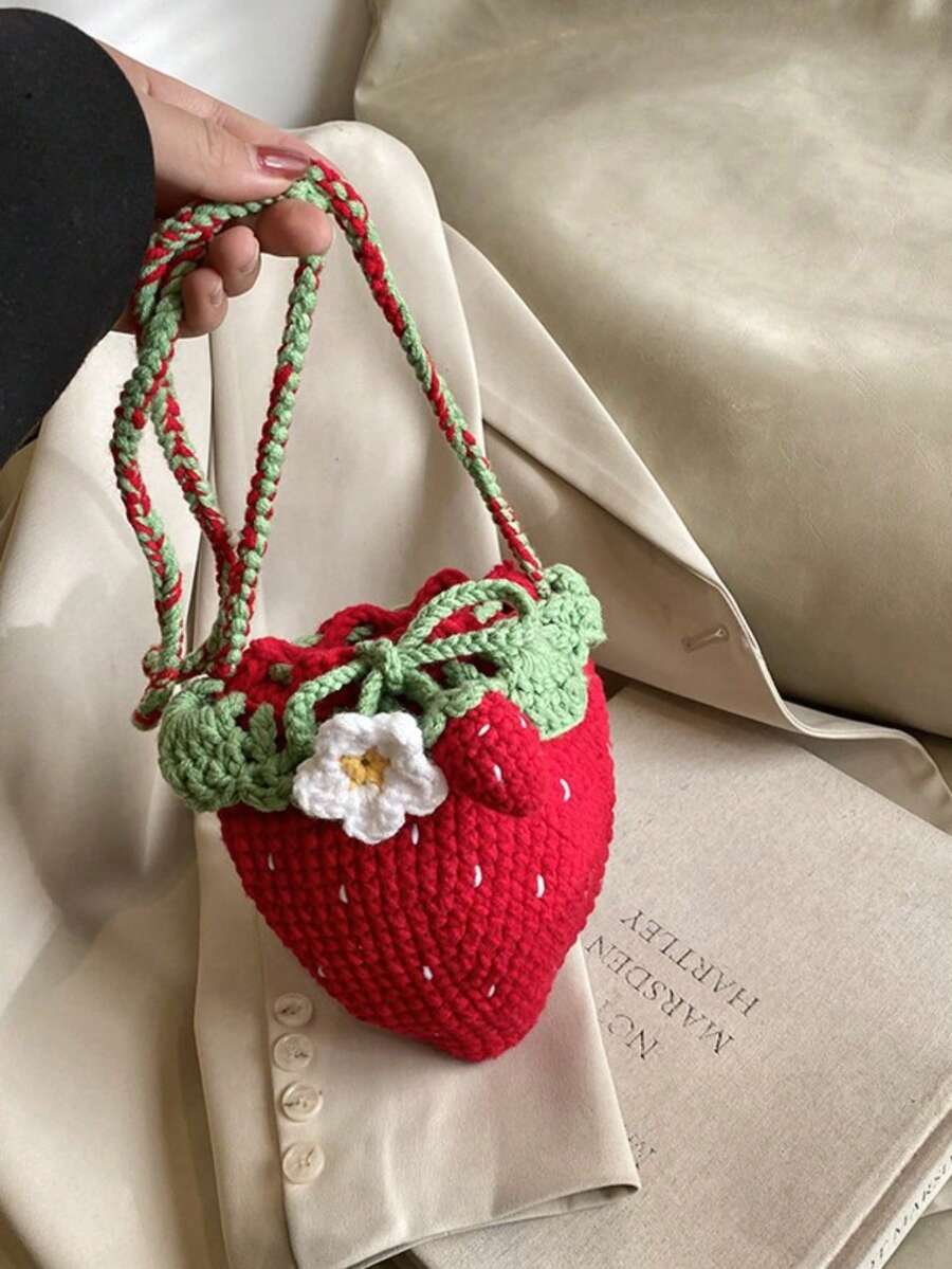 1 Pcs New Fashion Cute Strawberry Yarn Hook Woven Bag Handmade Niche Women'S Shoulder Bag Handbag - Màu đỏ (sản phẩm hoàn thiện) - Xem 1