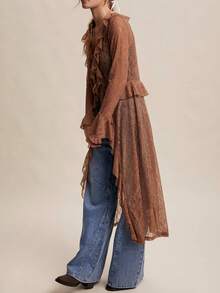 Women Lace Mesh Flowy Maxi Top Tie Front Cardigan Sheer Long Sleeve Ruffled Layering Shirt Cover Up - 紅棕色 - 查看 5