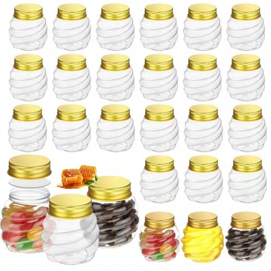 10个2盎司蜂窝塑料罐，配金色盖子，迷你蜂蜜罐，宽口香料罐，适用于派对、婚礼、礼盒、婴儿派对、DIY礼物、果冻、香草、果酱、糖果、塑料瓶 - 10Pcs - 查看 1
