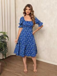 Women's Midi Dress With Floral Print, Square Neckline, Puff Sleeves, A-Line Silhouette, Ruffled Hem, Knee-Length. - 寶藍色 - 查看 5
