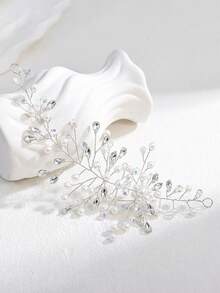 1件奢华简约珍珠水晶手工发箍，适合婚礼、伴娘、派对、摄影、日常佩戴 - 銀色 - 查看 7