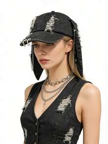 1 chiếc mũ lưỡi trai nữ kiểu Y2K tai thỏ rách rưới, mũ snapback phong cách đường phố hip hop độc đáo. - mũ thỏ - Xem 5
