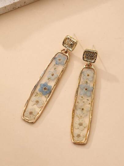 1 Pair Natural Forget-Me-Not Eggflower Five-Petal Rectangular Earrings, Handmade Exaggerated Design, Versatile For All Seasons, Suitable For Island Vacation, Countryside Outing, Market Gathering And Daily Wear