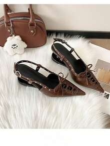 Brown Pointed Toe Rivet Bow Tie High Heel Sandals, Unique Heel Design, Versatile Wear With Dresses, Summer New Arrival - Brown - View 2