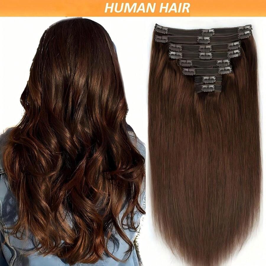 Tóc nối kẹp màu nâu trung bình, tóc thật dành cho nữ, kiểu tóc thẳng tự nhiên, không đường nối, 8 miếng, dệt đôi, số 4, màu nâu trung bình.