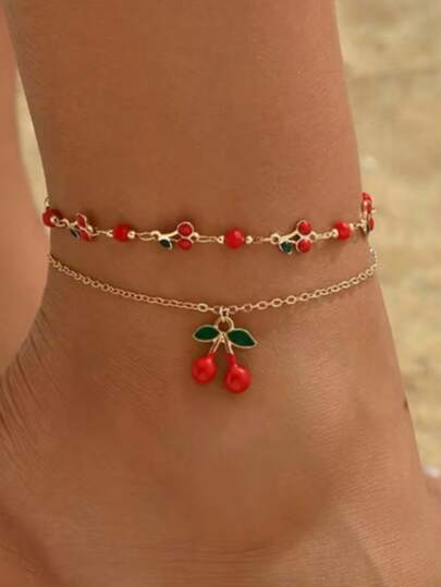 2pcs Women'S Layered Cherry Pendant Anklet, Easy And Stylish, Suitable For Casual Travel, Beach Vacations, And Everyday Wear