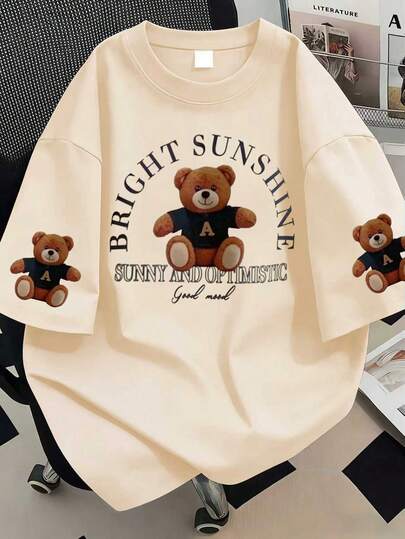 大码女式圆领卡通字母印花休闲百搭日常短袖T恤 夏季