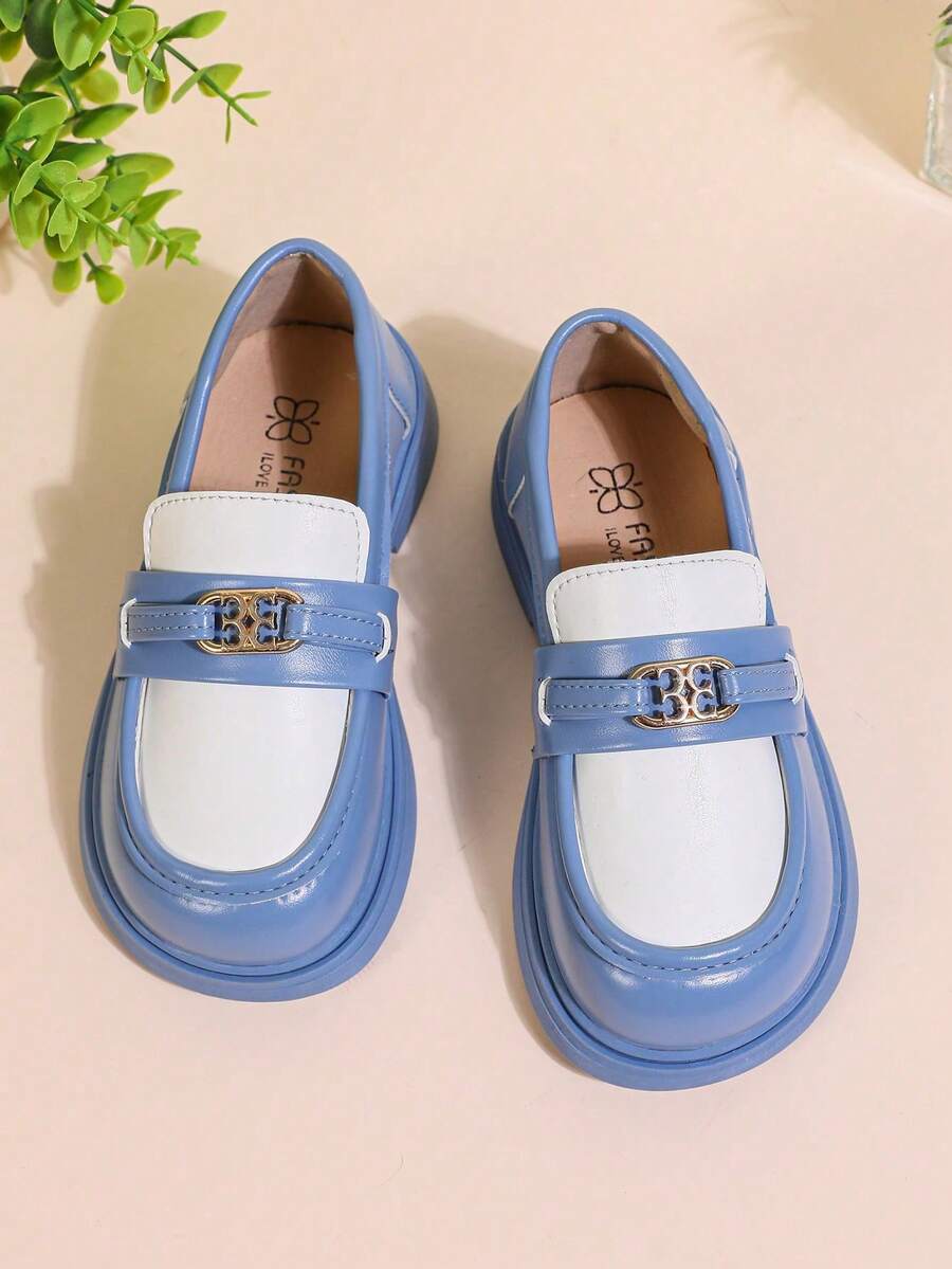 1 Pair White & Loafers, Soft & Comfortable Colorblock Fabric + Shiny Metal Buckle Decor, Classic Round Toe Elastic Soft Sole Slip-On Design, Fashionable British Style Flat Shoes, Suitable For Boys & Girls Students Daily Casual, Vacation, Holiday, School, Party, Outdoor Wear, Spring/Autumn New - Blue - View 1
