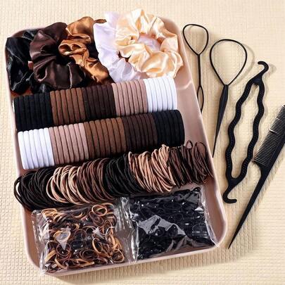 Mederla 999件套彩色系列休闲风发圈套装，包含深色系发圈和无痕发圈、发绳和造型工具，全套包装发饰