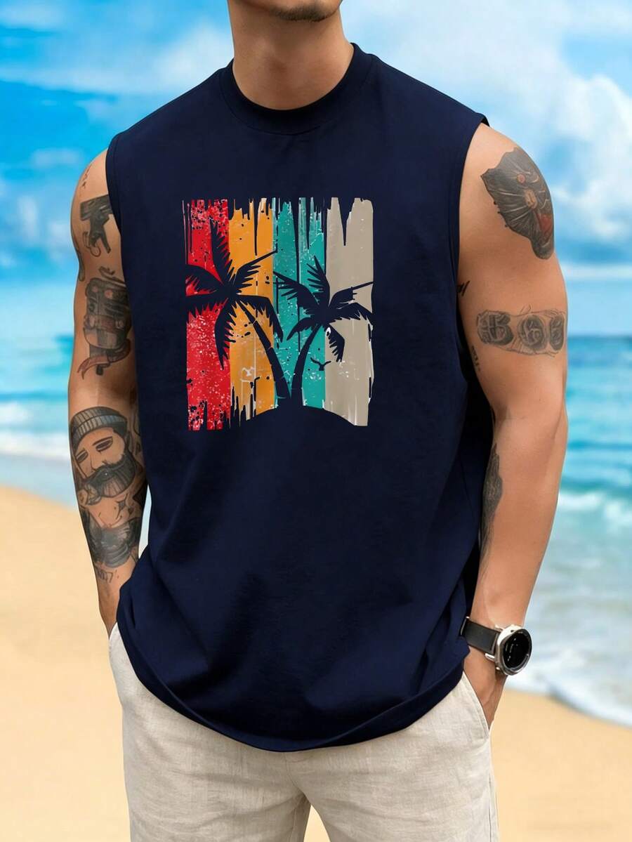 Áo tank top cổ tròn in họa tiết bãi biển phong cách thường ngày dành cho nam giới, thích hợp mặc mùa hè, thoải mái và thoáng khí, dẫn đầu xu hướng thời trang.