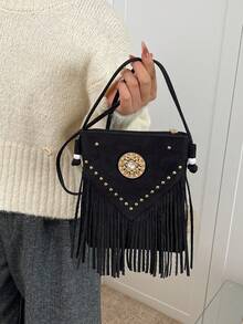 大容量流苏手提包，新款韩版简约时尚女式单肩包，休闲斜挎包，学生返校季必备 - 黑色 - 查看 3