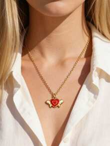 Mazuer 1件粉色少女风不锈钢滴油心形锁扣项链，蝴蝶结，音符，十字架吊坠，18K镀金锁骨链，浪漫日常佩戴及女士生日礼物 - 彩色 - 查看 11