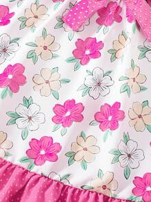 Baby Girl Sleeveless Ditsy Floral Ruffle Hem Dress With Bow - Hot Pink - View 5